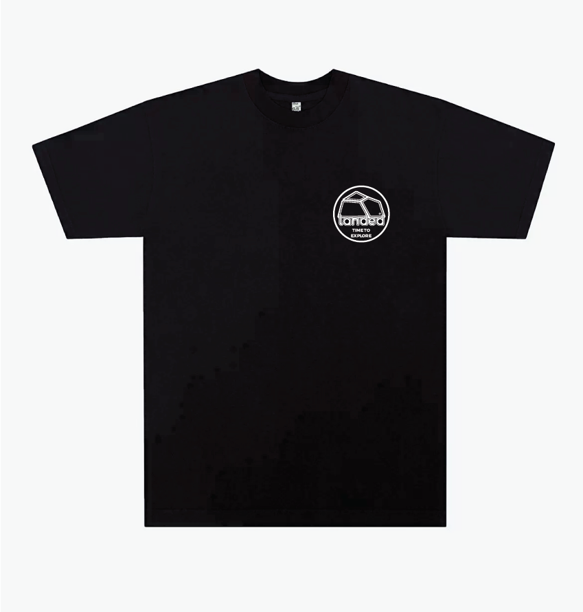 Landed Landmark heavyweight black cotton t-shirt with a white embroidered logo on the chest.