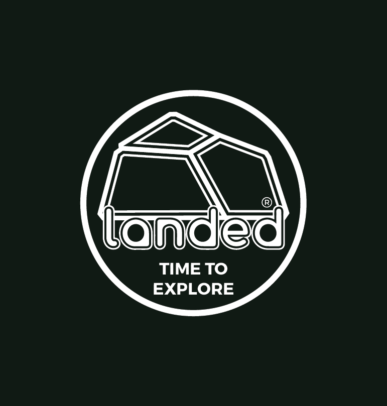 Landed brand logo featuring a stylized tent icon inside a circle with the text Time To Explore on a dark background