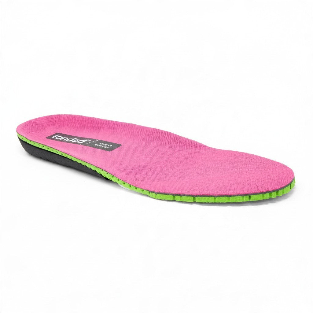 Landed F3 Ultra replacement insole with a pink top layer, green side trim, and black triple-density base.