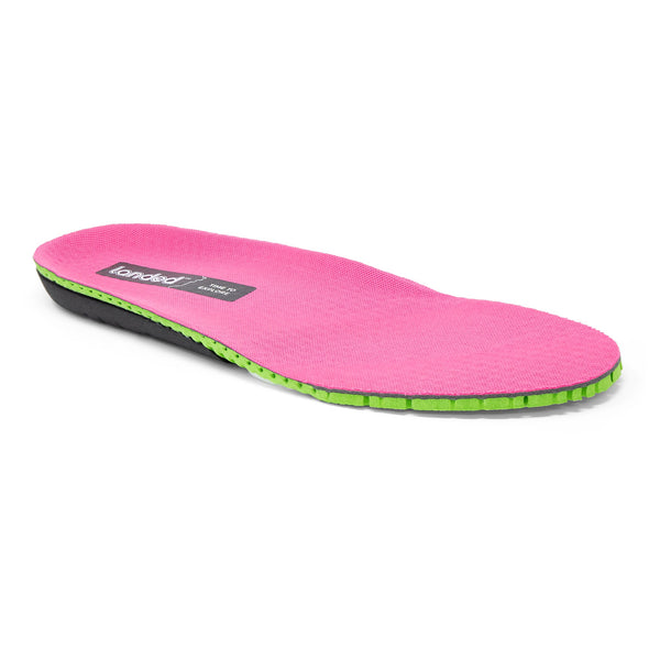 Landed F3 Ultra replacement insole with a pink top layer, lime green trim, and black triple-density foam base. - Pink