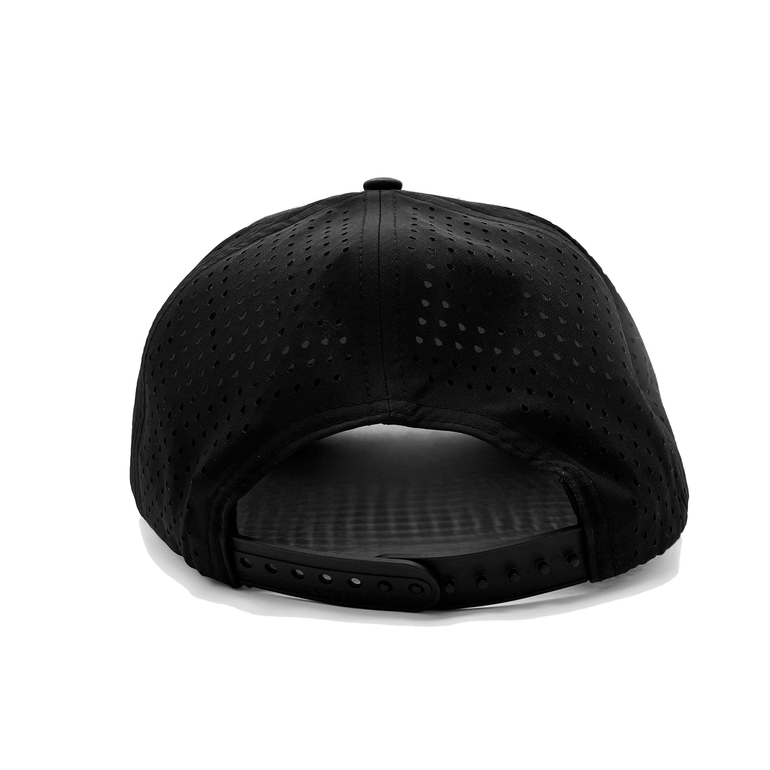 Landed Landmark Hat in black with a perforated water-repellent shell and adjustable snapback closure, rear view.