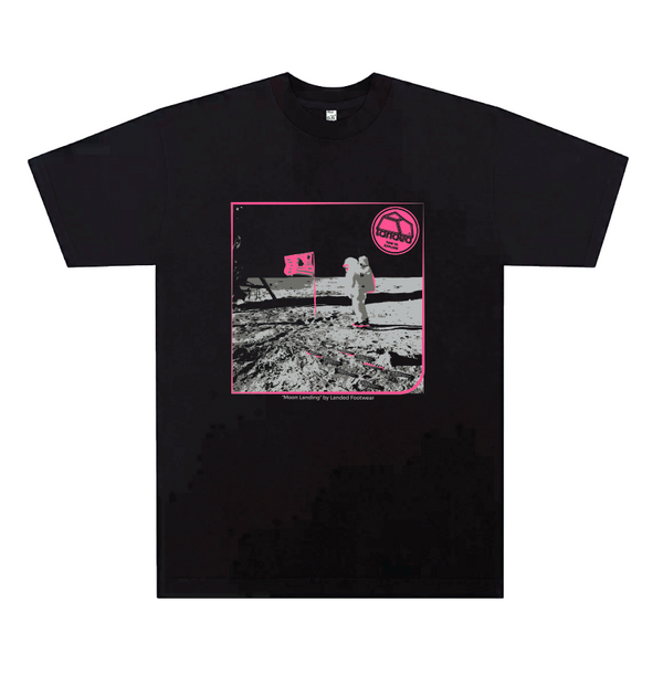 Landed black heavy-duty cotton t-shirt featuring a pink and white moon landing graphic print on the front. - Black