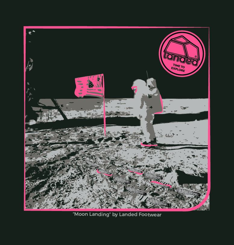Landed black t-shirt featuring a pink and grey moon landing graphic print with an astronaut and flag design.