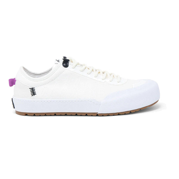 Landed The Overlook 1.0 white technical sneaker with a gum rubber sole and purple heel pull tab - White Salt Flats
