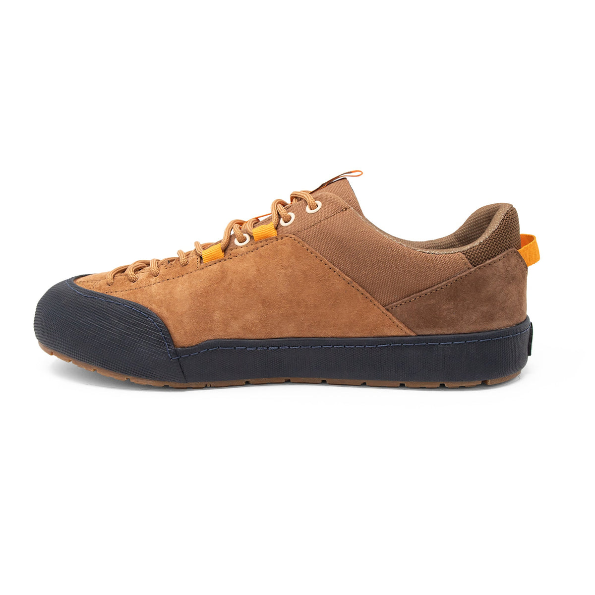 Landed The Switchback brown suede and canvas approach shoe with a black rubber toe cap and orange lacing details.