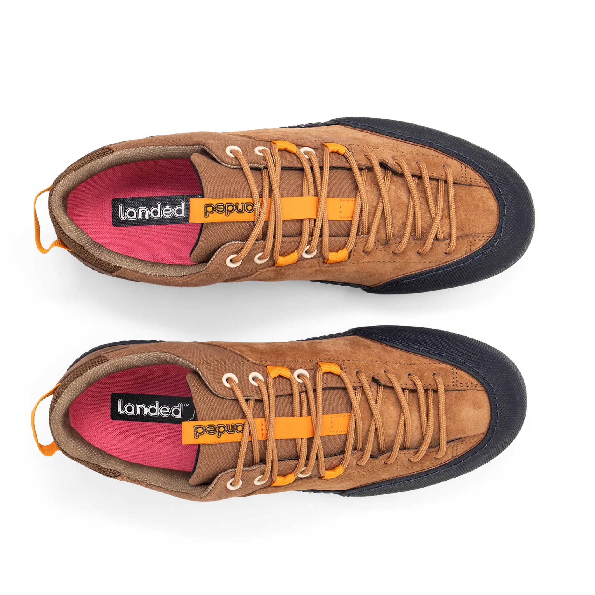 Landed The Switchback brown suede approach shoes with orange accents and full-length lacing, top-down view.