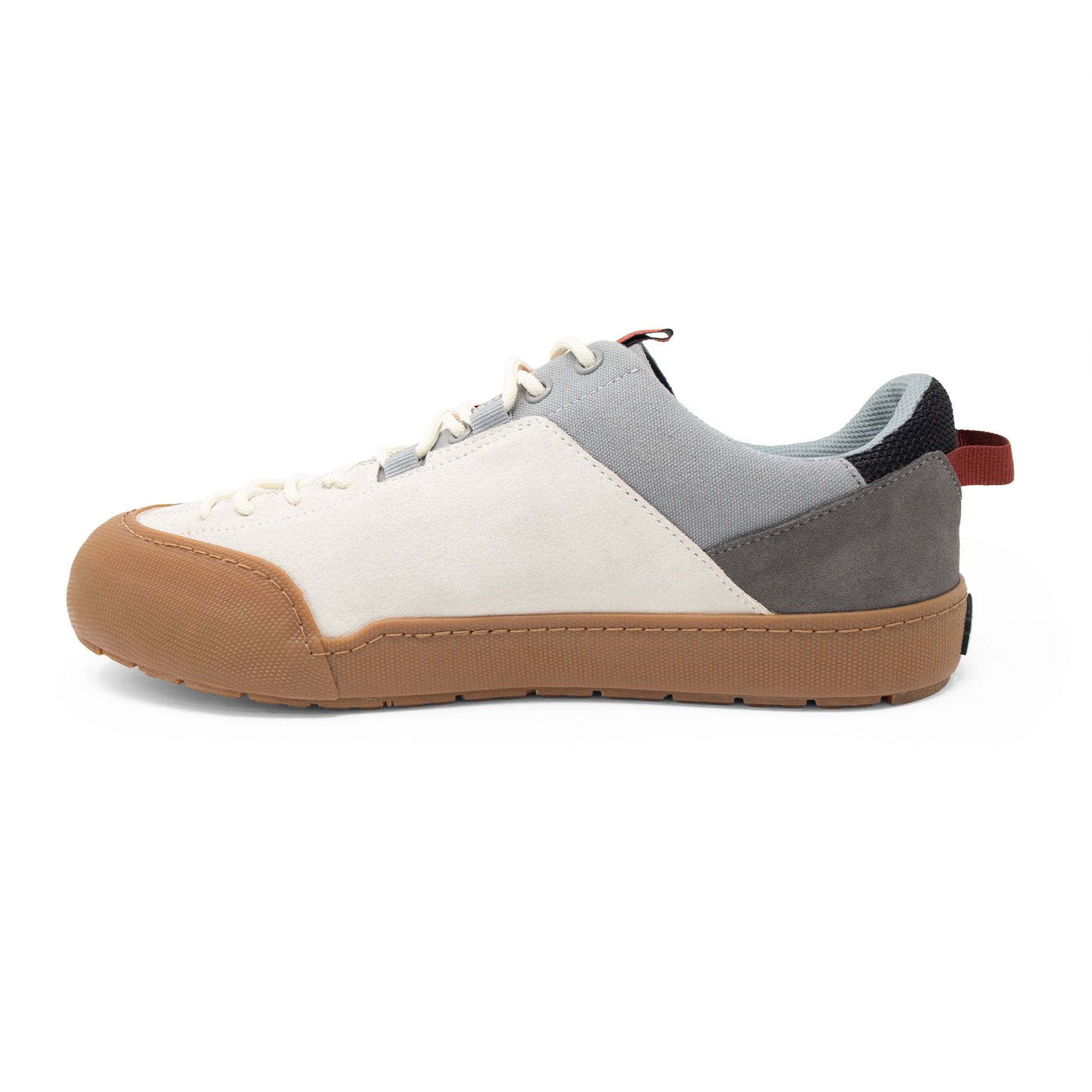 Landed The Switchback approach shoe in cream and grey canvas with a durable brown rubber toe cap and sole.