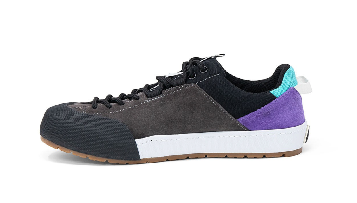 Landed The Switchback approach shoe in grey suede and black canvas with purple and teal accents, side profile view.