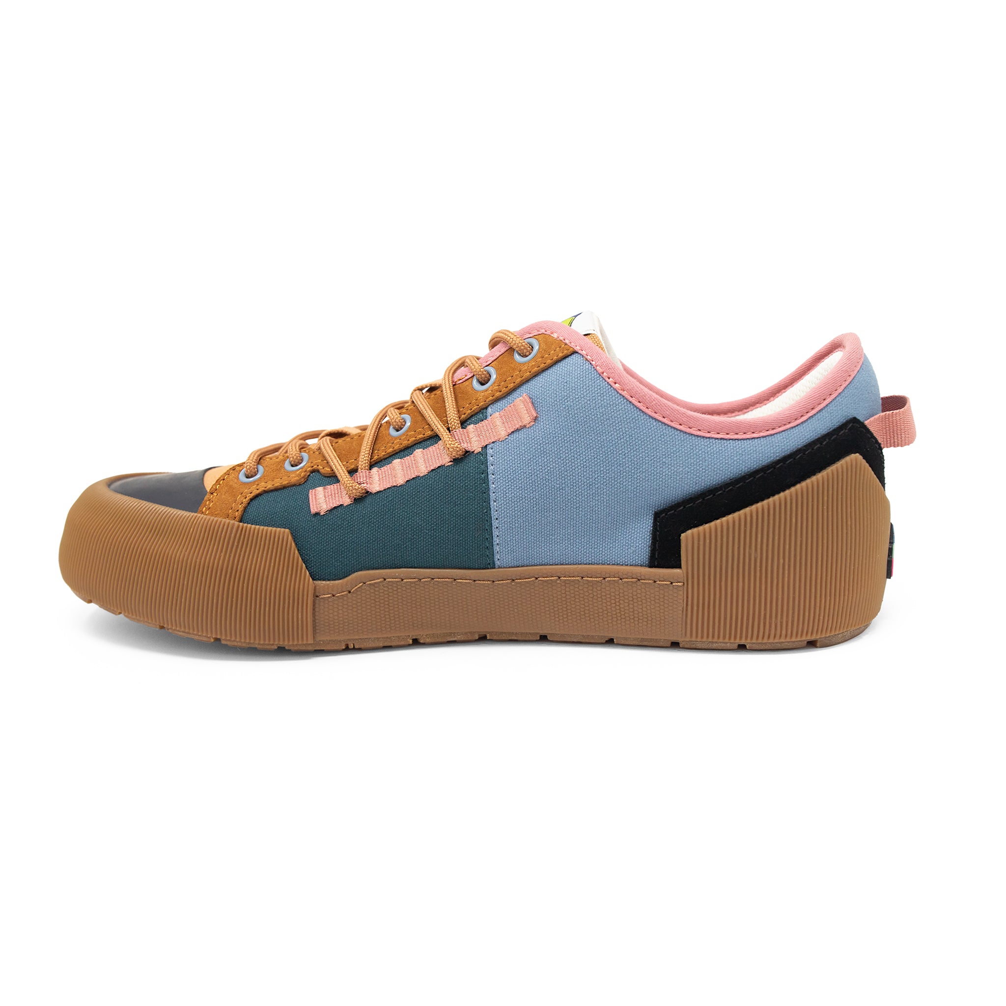 Landed The Banner sneaker in a multi-color technical design with blue, teal, and tan panels and a thick rubber sole.
