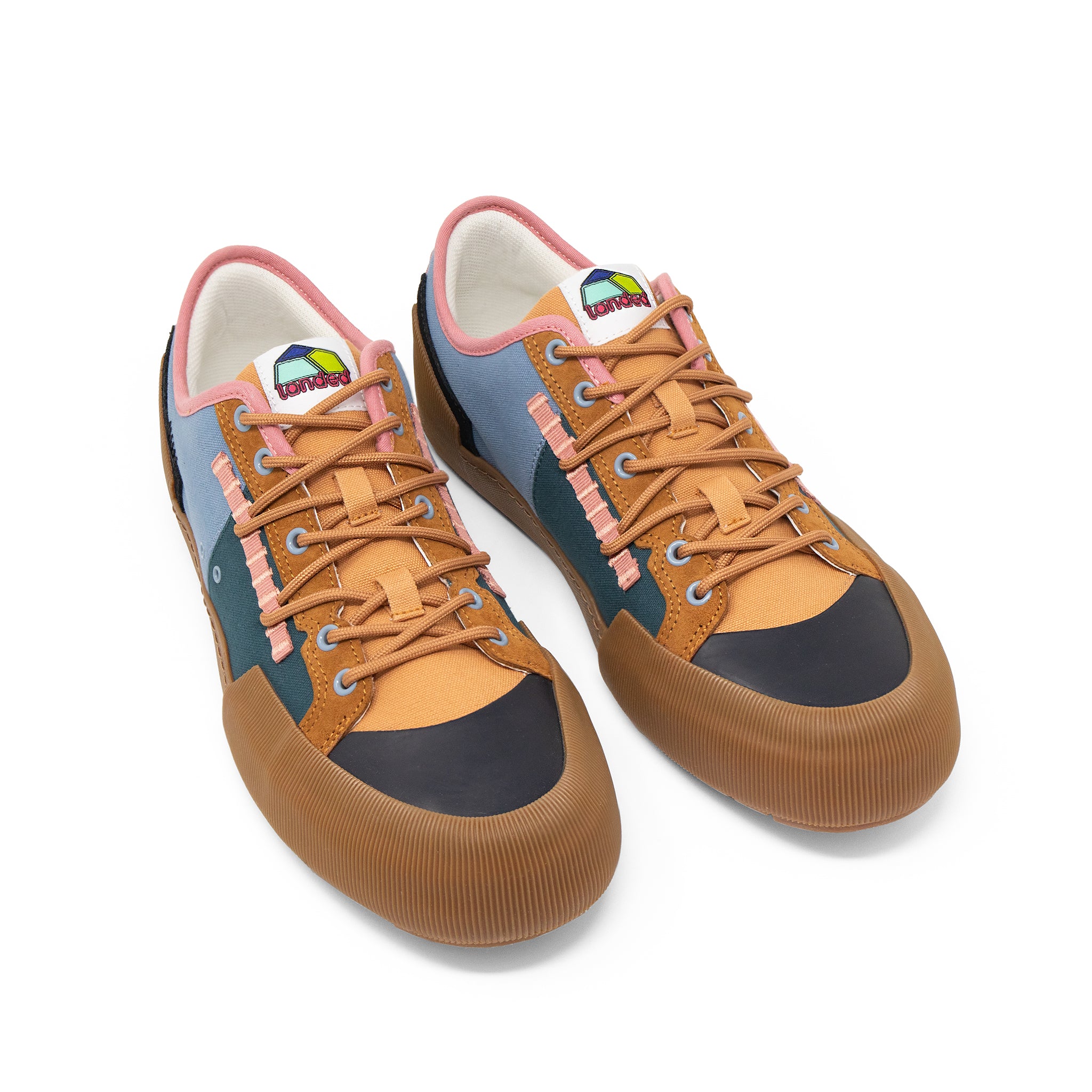 Landed The Banner sneakers featuring a multi-colored technical design with tan, blue, and pink accents.