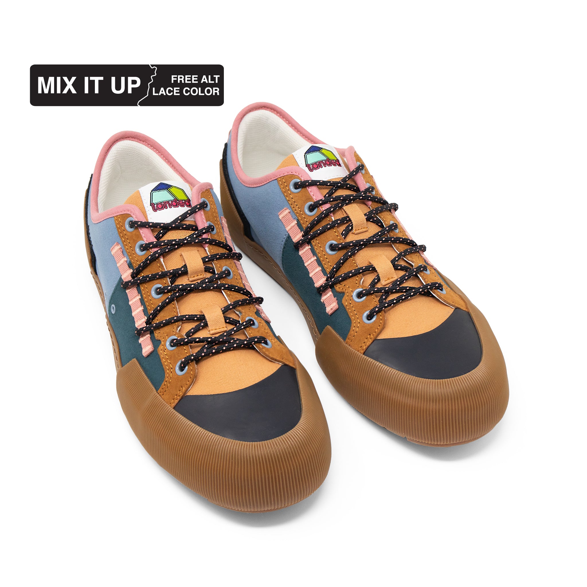 Landed The Banner sneakers featuring a multi-colored technical design with pink accents and black patterned laces.