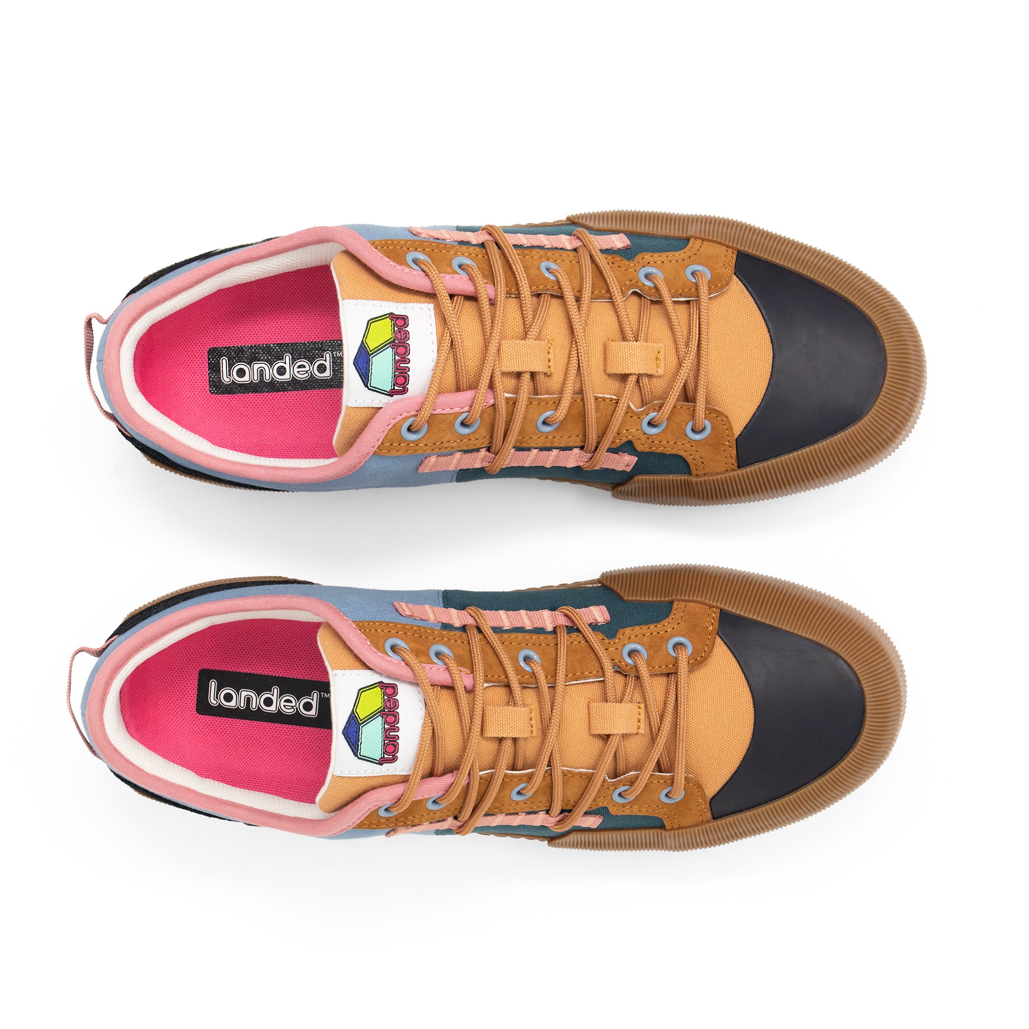 Landed The Banner sneakers in a multi-color technical design with tan, blue, and pink accents, top-down view.