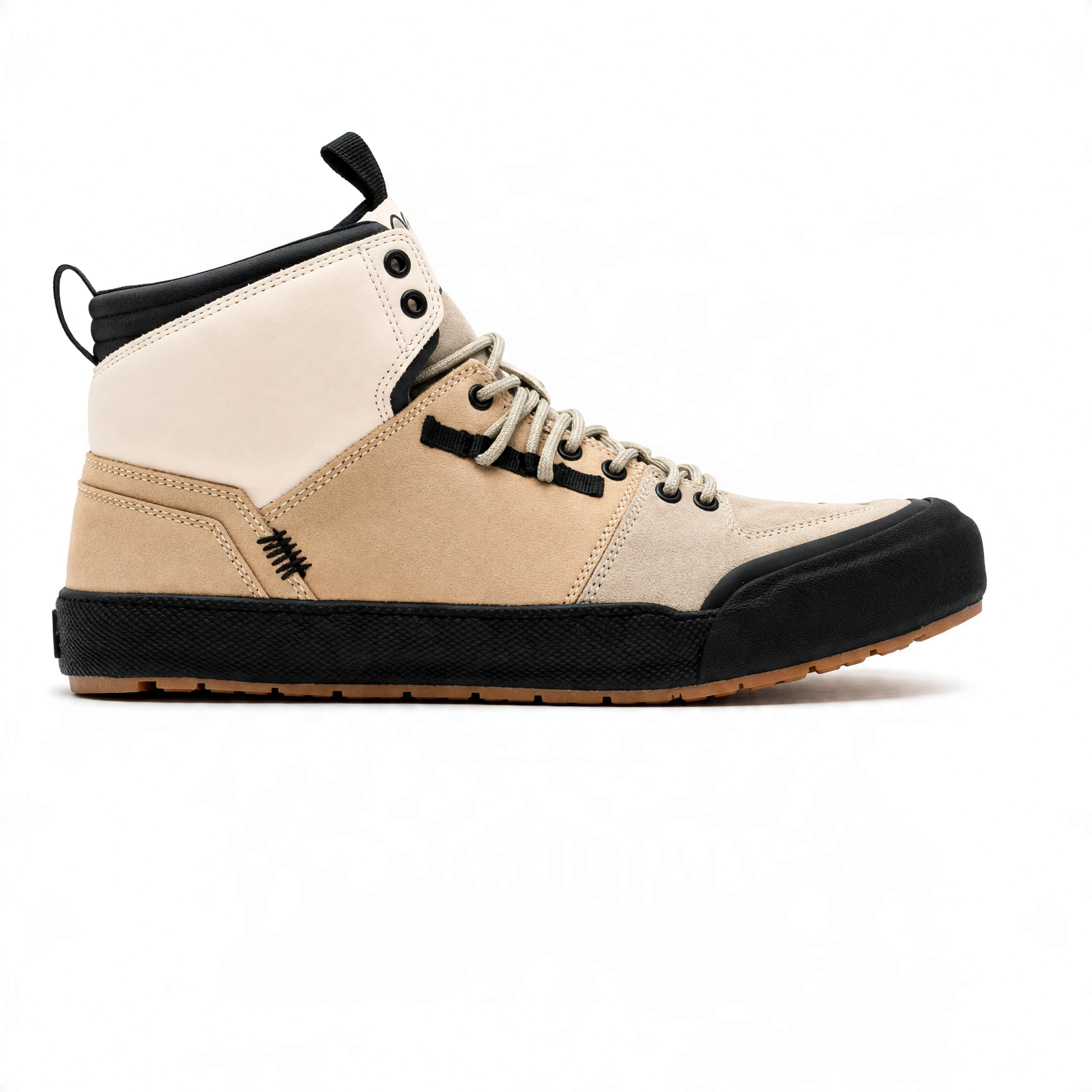 Landed The Elevate high-top sneaker in beige and cream suede with a black rubber toe cap and durable lug sole.