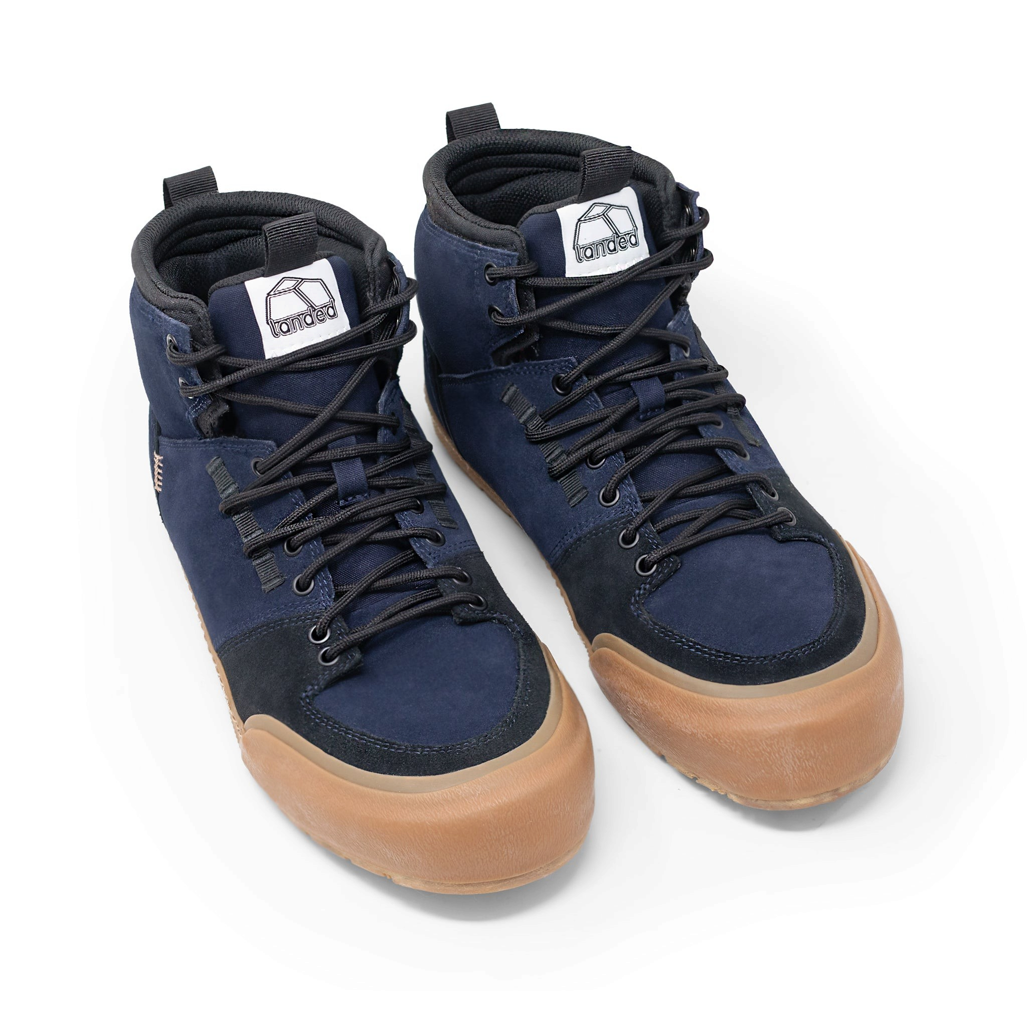 Landed The Elevate high-top sneakers in navy blue suede with a durable gum rubber toe cap and black laces.