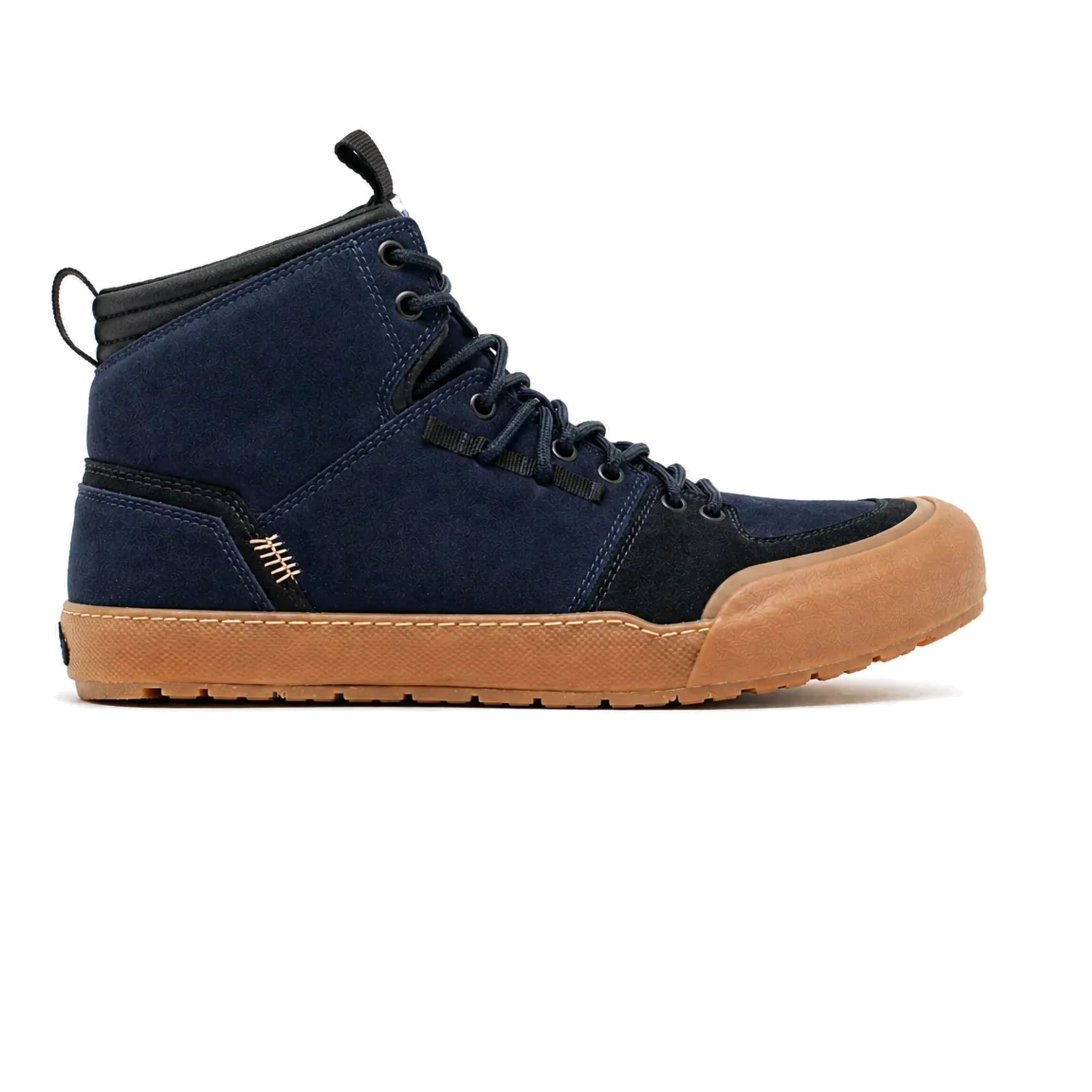 Landed The Elevate high-top sneaker in navy blue suede with a durable gum rubber sole and black accents.