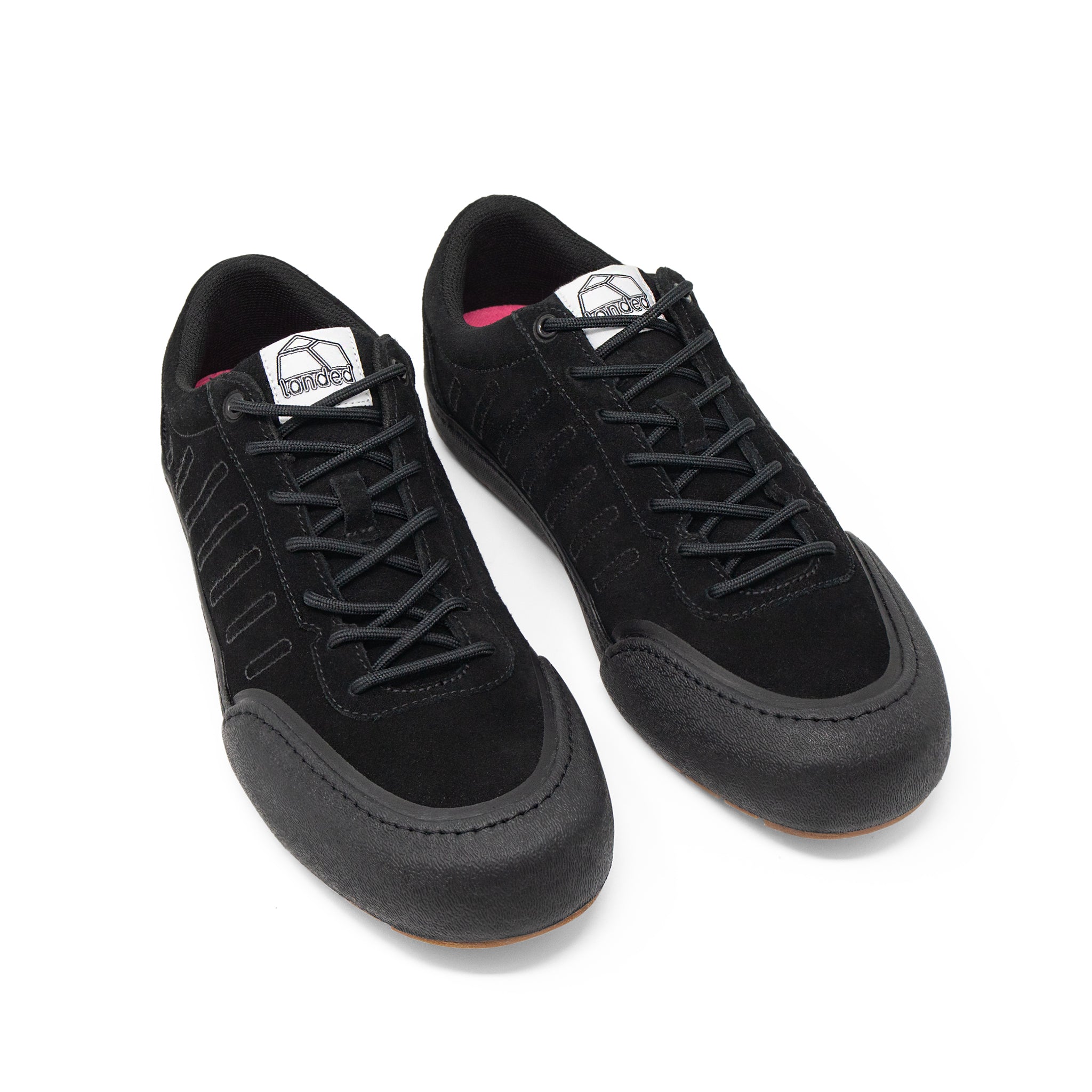 Landed The Overlook 2.0 black suede technical sneakers with reinforced toe caps and black laces