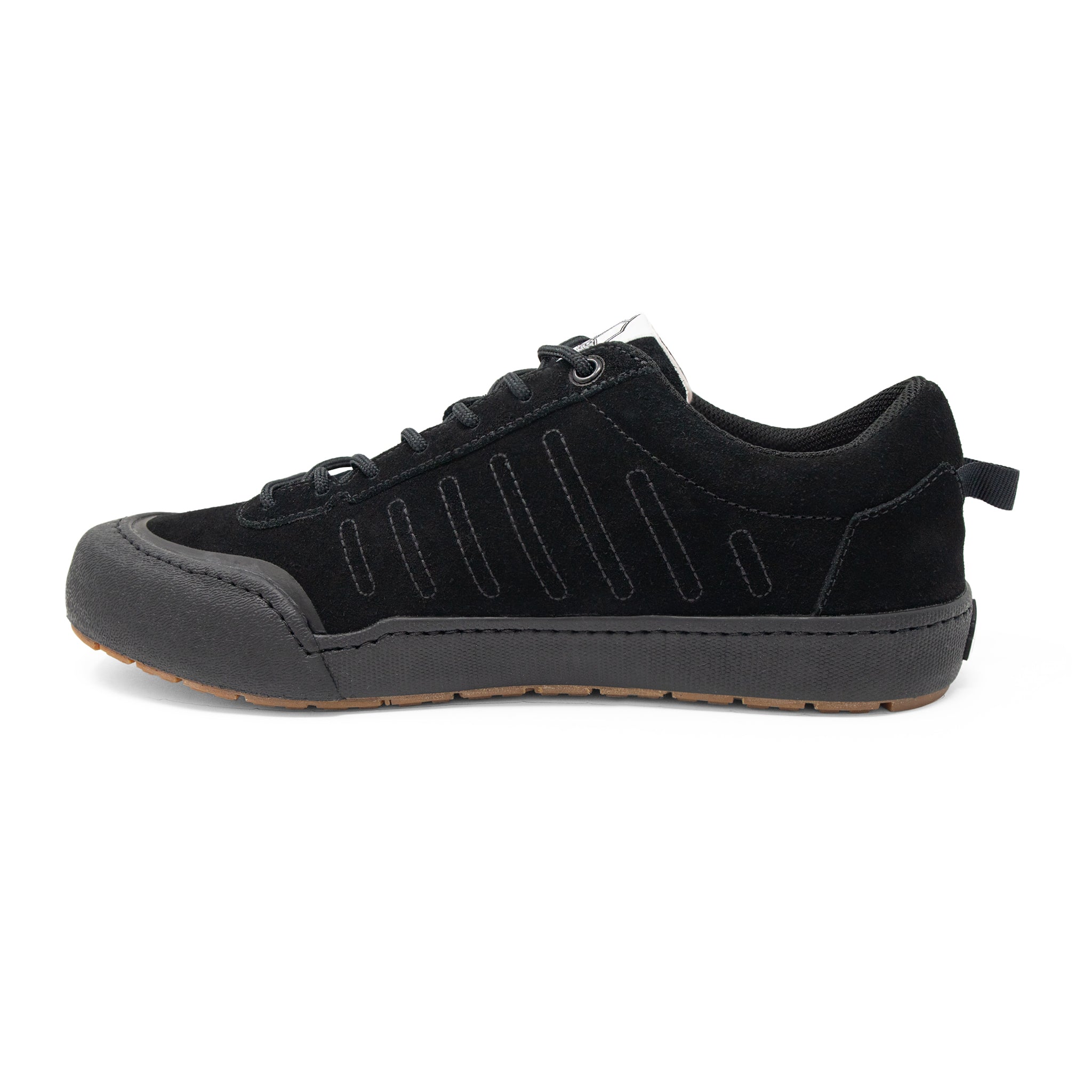 Landed The Overlook 2.0 black suede technical sneaker with a durable rubber toe cap and gum sole side profile.