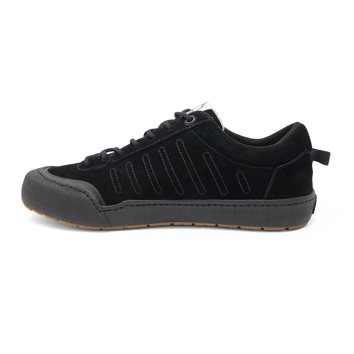 Landed The Overlook 2.0 black suede technical sneaker with a durable rubber toe cap and gum sole side profile.