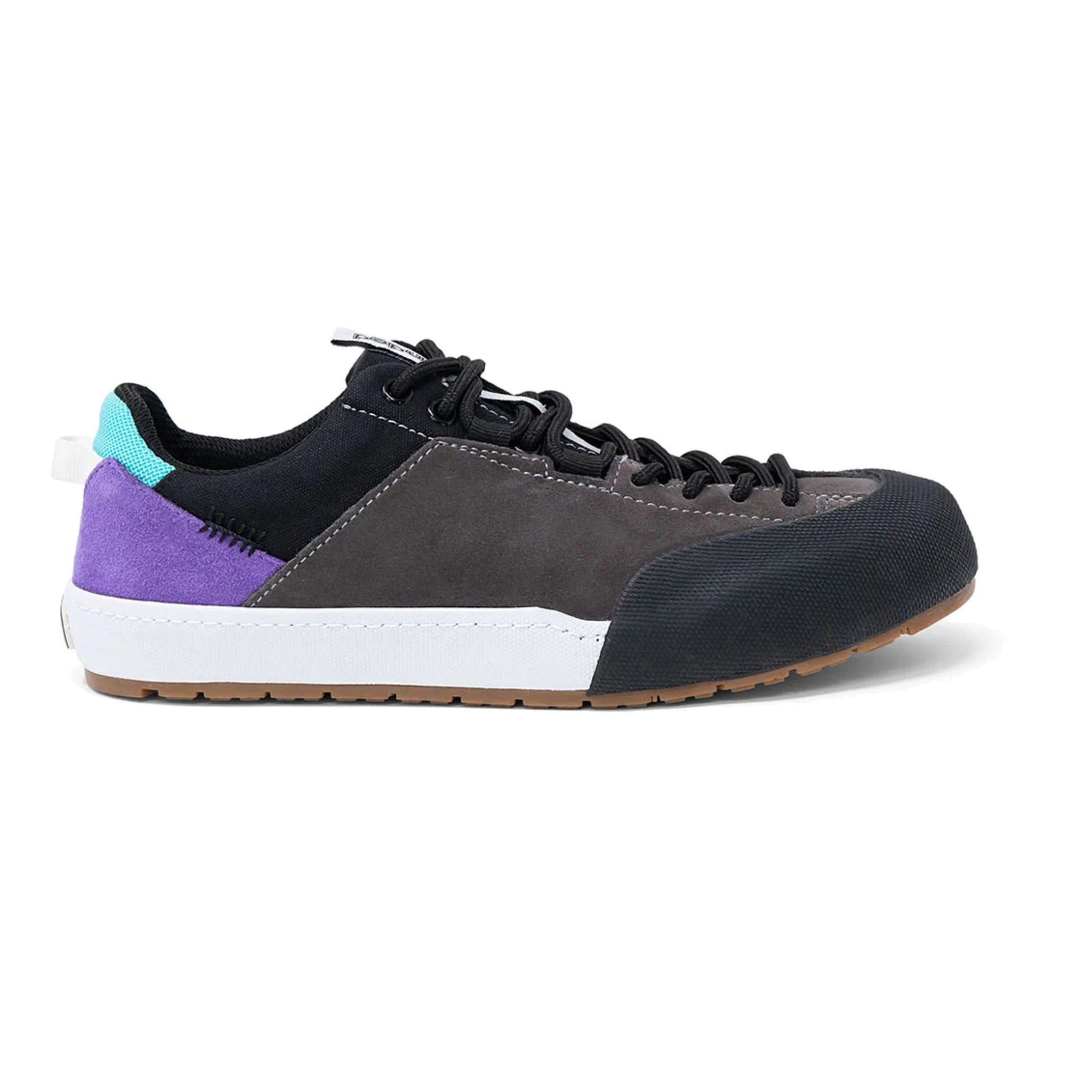 Landed The Switchback approach shoe in grey, black, and purple with a white midsole and durable rubber toe cap.
