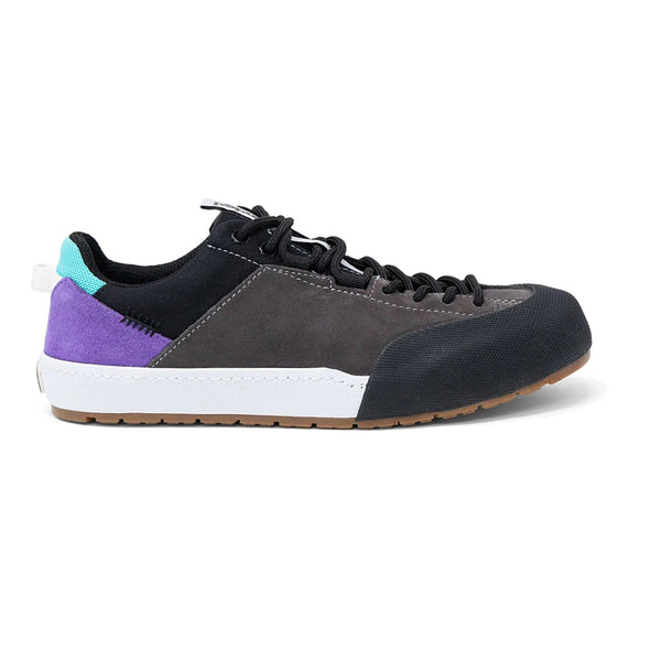 Landed The Switchback approach shoe in grey, black, and purple with a white midsole and durable rubber toe cap. - Black Purple Mountain